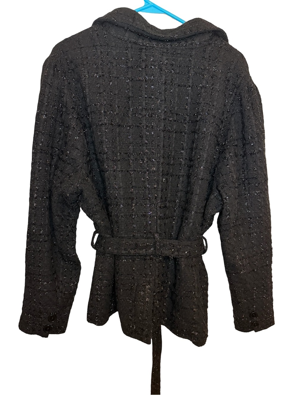 Unique Vintage Black Metallic Tweed Belted Blazer Jacket Boucle L/XL - Picture 6 of 7